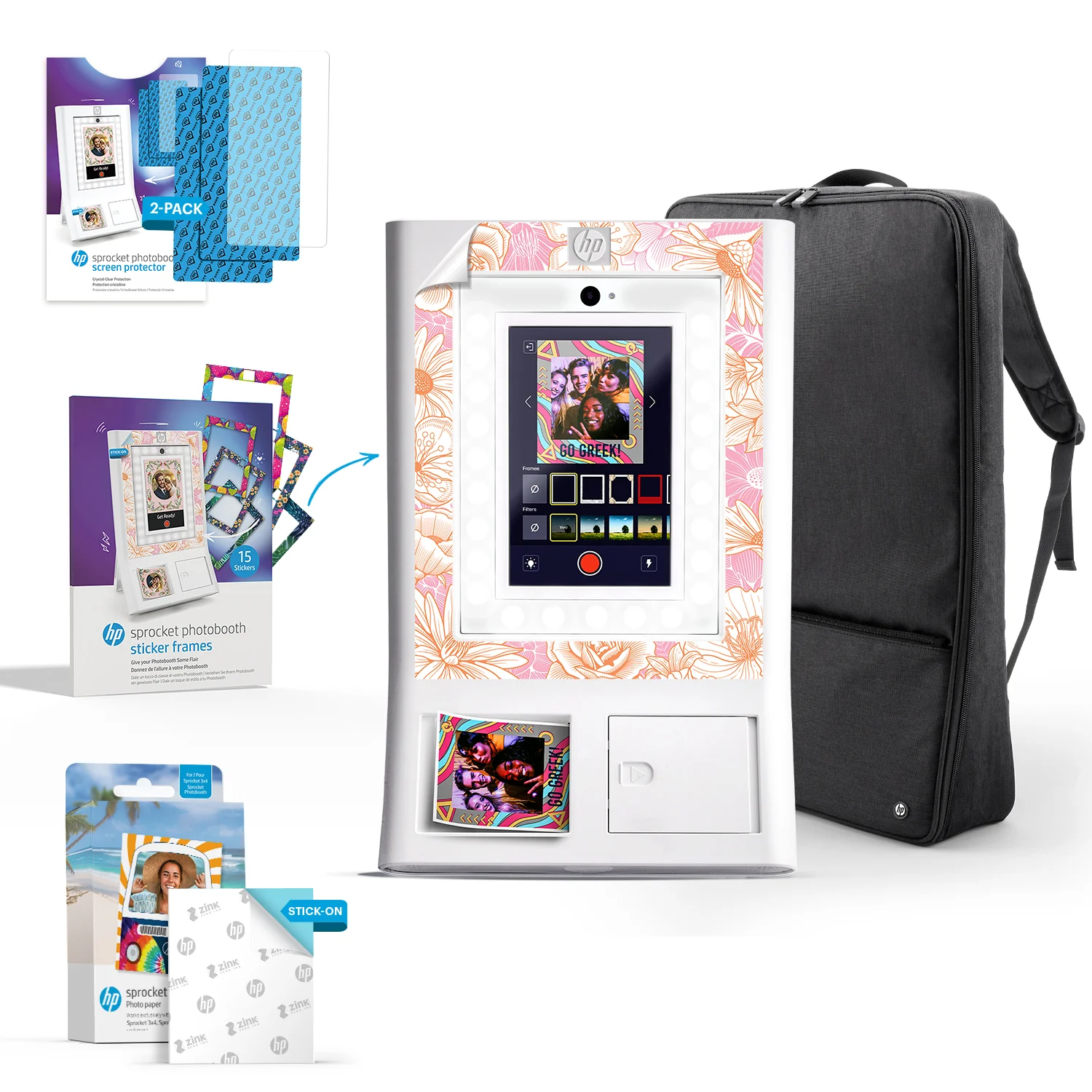 HP Sprocket Photobooth 3x4" Photo Printer (White) Bundle w/Zink Paper, Case, Screen Protector & More